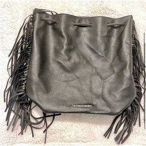 Victoria’s Secret Fringe Backpack with Drawstring Closure Black Faux Leather